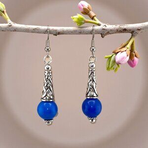 Blue and Silver Cone Teardrop Earrings Czech Glass Beads Surgical Steel Earwires